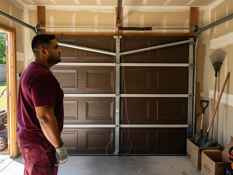 A technician stands in a garage with a brown garage door and tools.