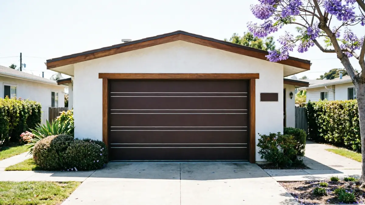 Mediterranean stucco home with a dark brown carriage-style garage door and a paver driveway