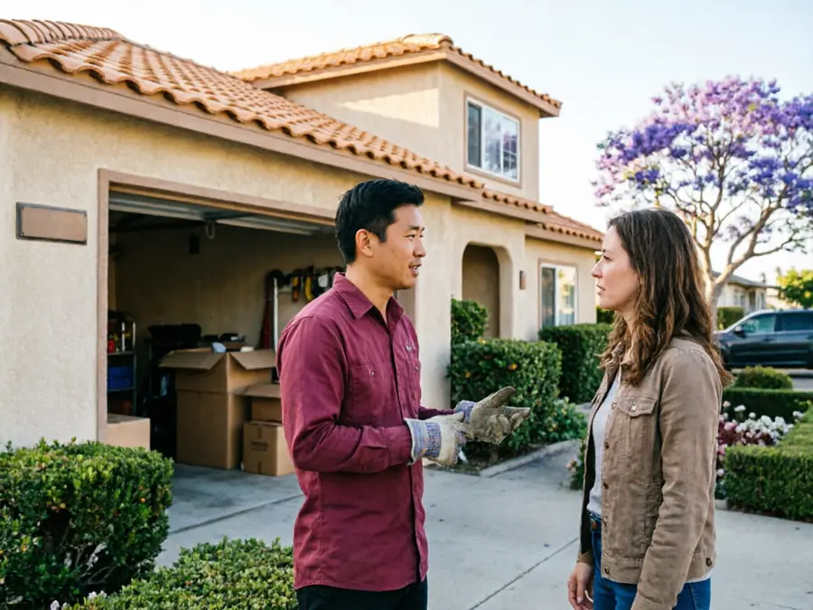 A technician with gloves talks to a woman in front of a house with an open garage.
