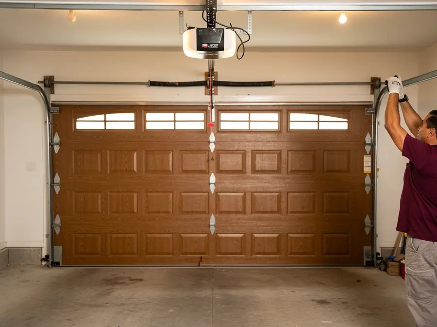 A technician in a maroon shirt and gloves works on a garage door track.