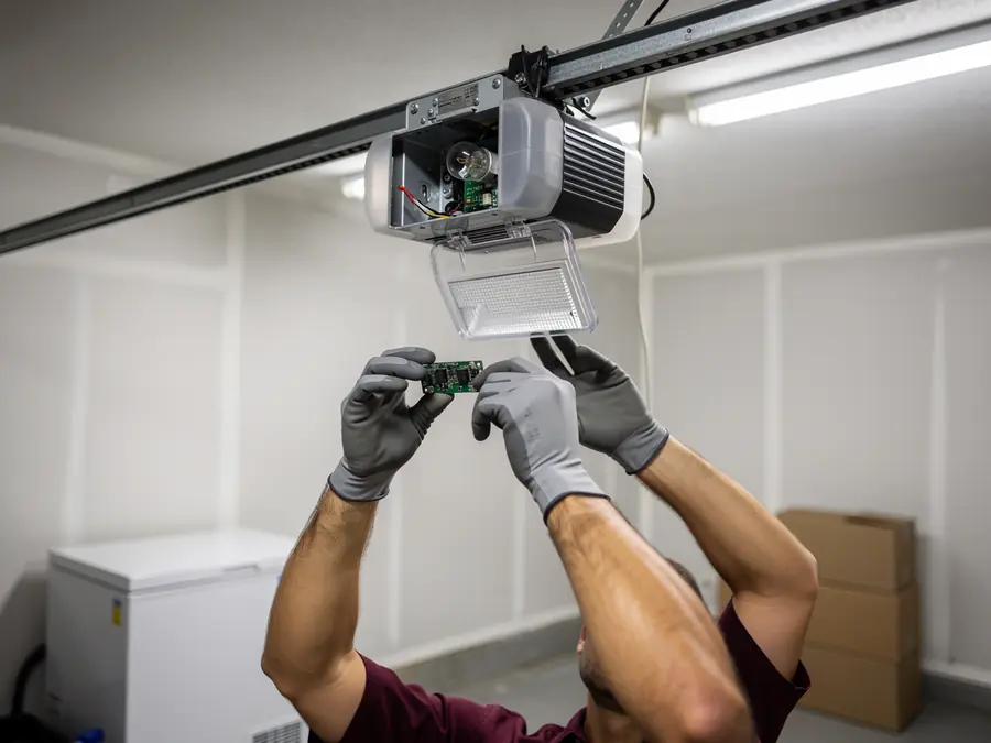 A technician holds a circuit board near an open garage door opener.